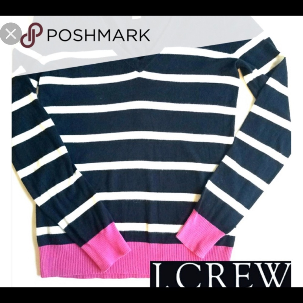J. Crew Navy and White Striped Crewneck Sweater with Pink Trim